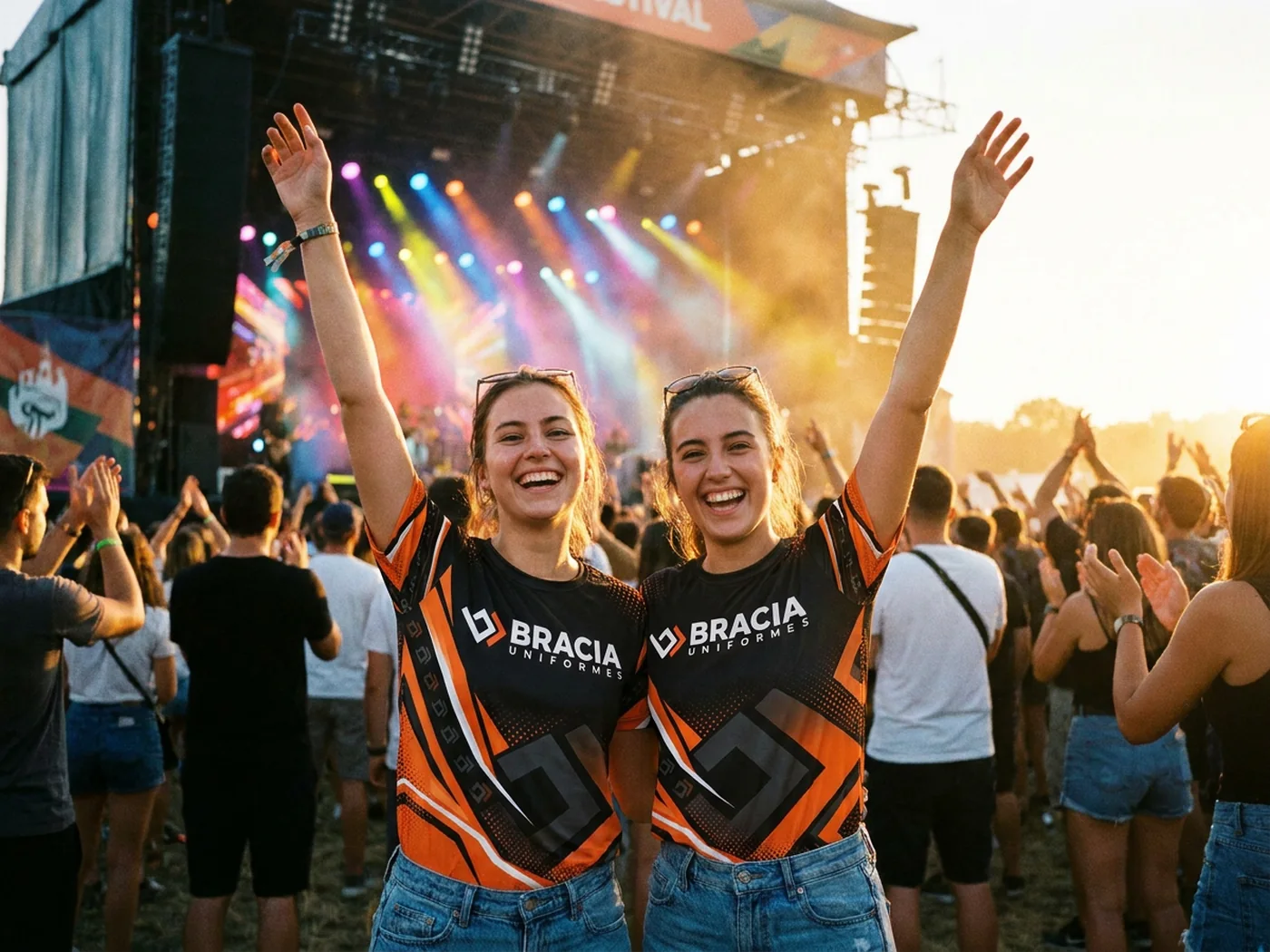 Duas amigas com os braços para cima num festival ao pôr do sol, vestindo o abadá preto e laranja da Bracia