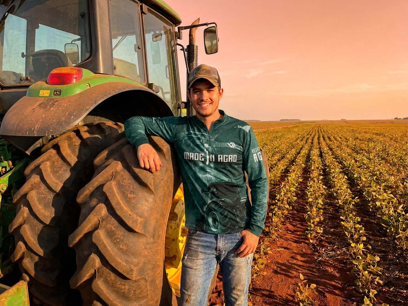 Produtor rural ao lado do trator na lavoura vestindo a camiseta UV verde Made in Agro da Bracia