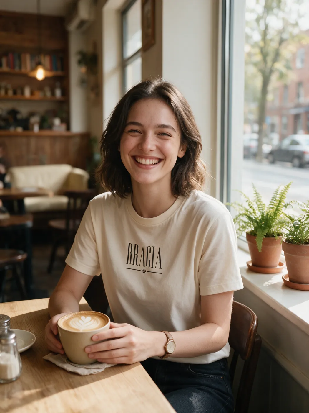 Mulher sorrindo numa cafeteria vestindo a camiseta off-white com o logo BRACIA centralizado no peito