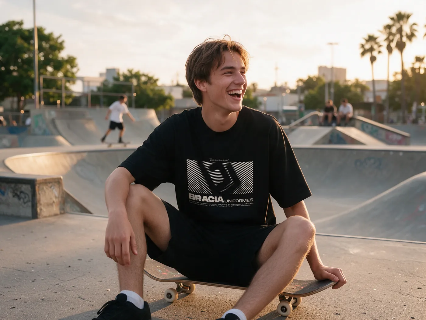 Rapaz rindo sentado num skate na pista vestindo a oversized preta com estampa da Bracia