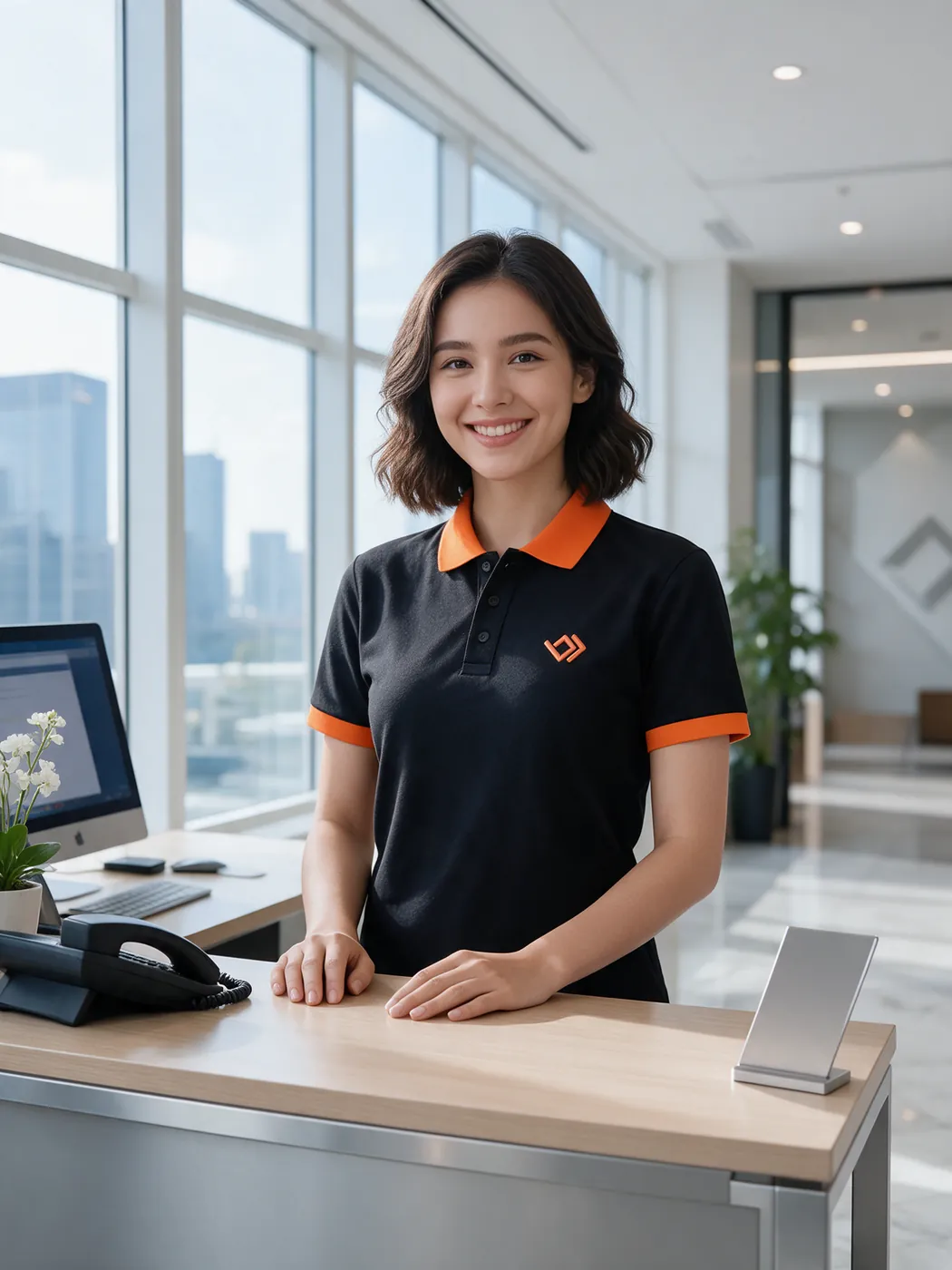 Recepcionista sorrindo atrás do balcão vestindo a polo preta com gola laranja e o símbolo da Bracia bordado