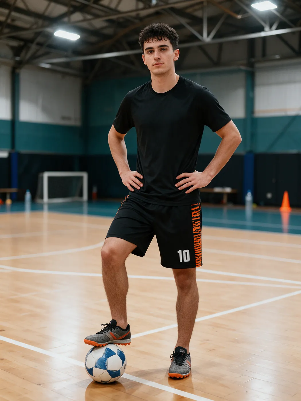 Jogador de futsal com o pé sobre a bola vestindo o calção preto com laterais laranja e número 10