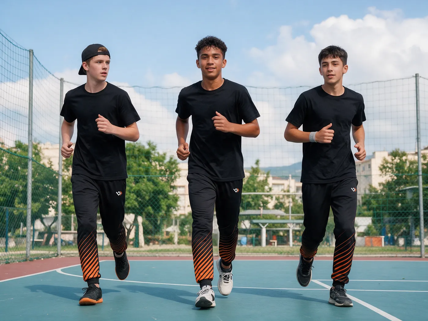 Três jovens correndo numa quadra vestindo a calça agasalho preta com riscos laranja nas canelas