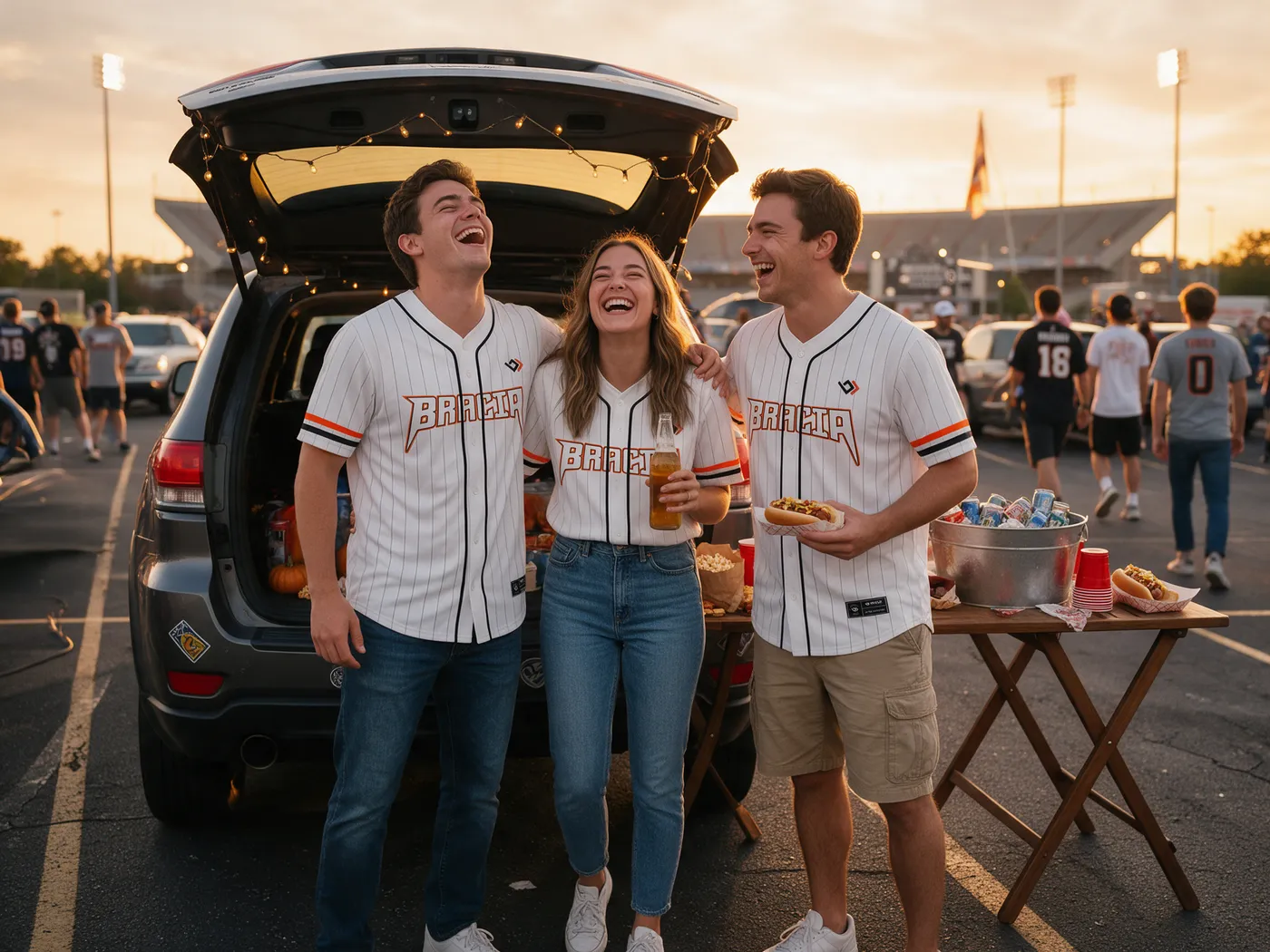 Amigos rindo num estacionamento antes do jogo vestindo jerseys de baseball iguais da Bracia