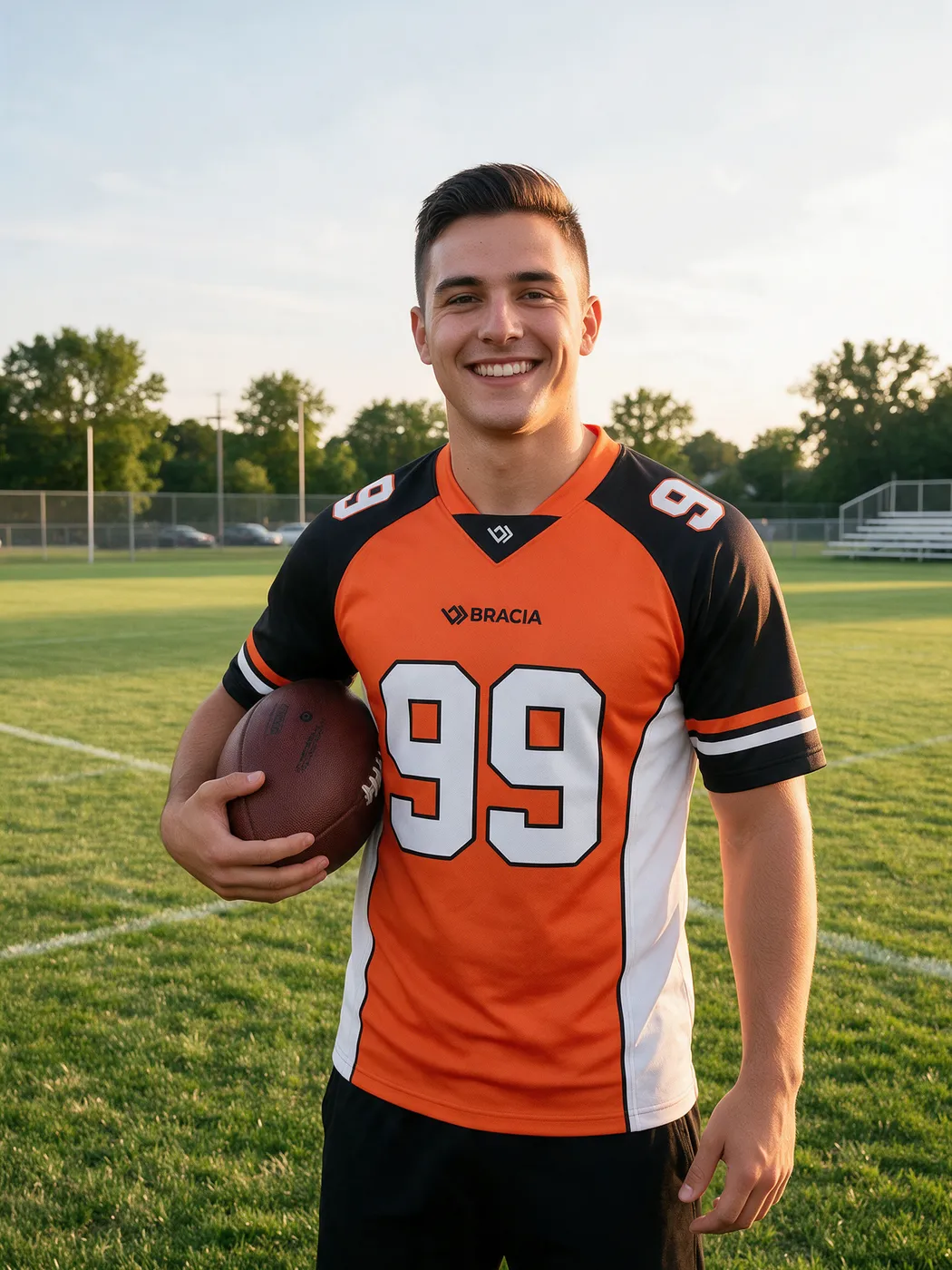 Jogador de futebol americano no campo segurando a bola, vestindo a jersey laranja e preta número 99 da Bracia